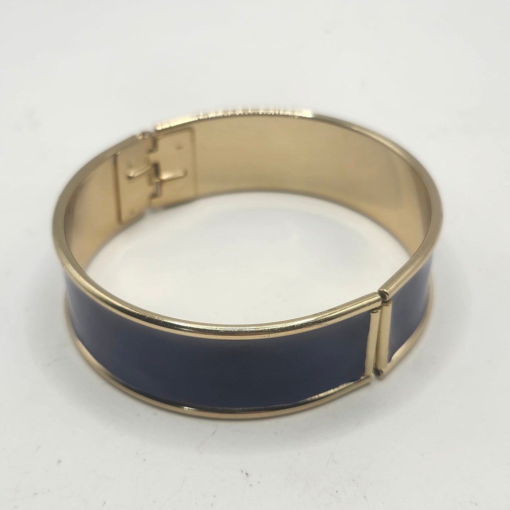 Navy Blue Enamel Gold Tone Hinged Bangle Bracelet Wide Minimalist Statement 7in